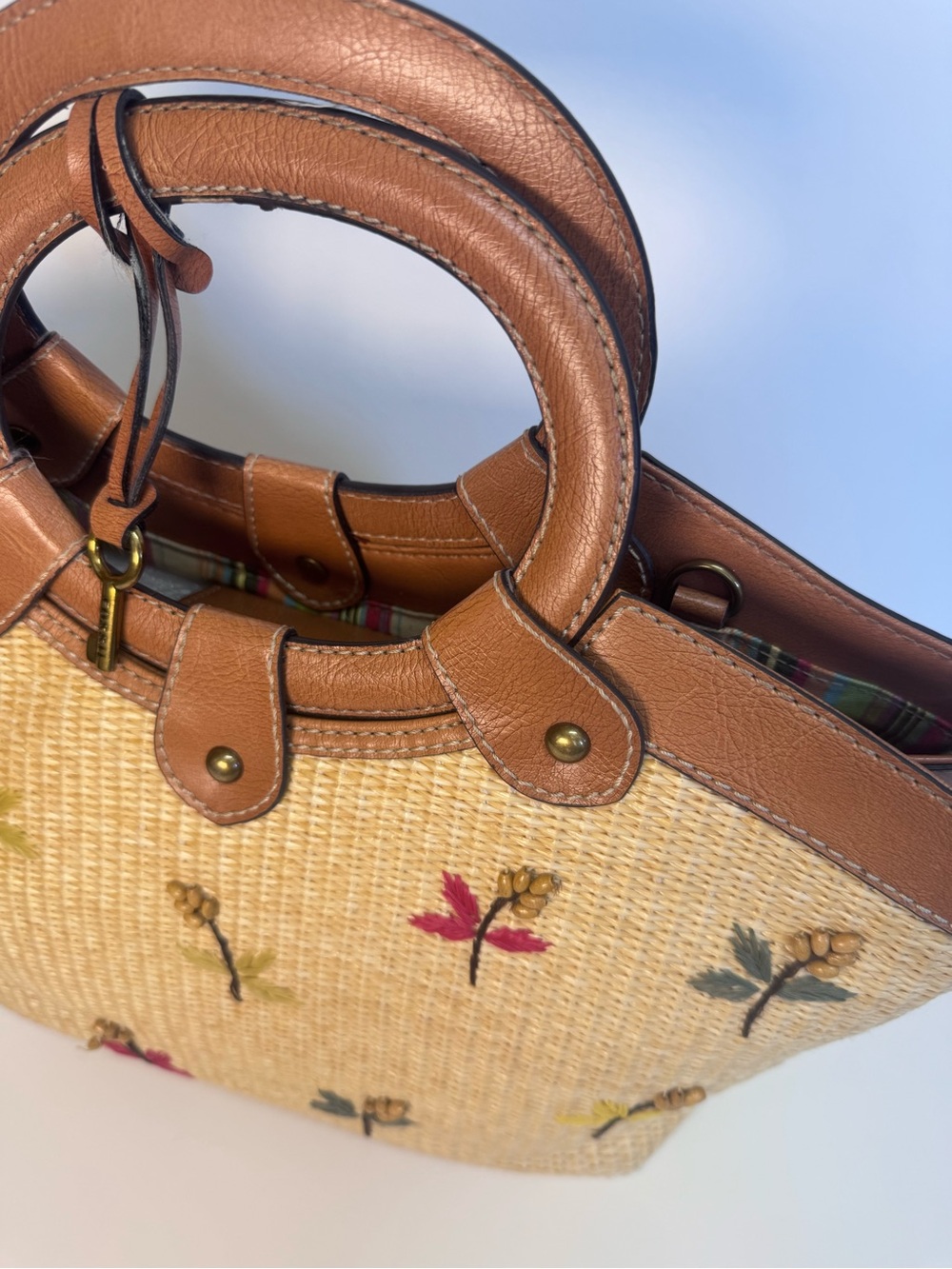 Fossil Tan Straw Tote with Brown Leather Trim and Multicolor Embroidery - Picture 9 of 16